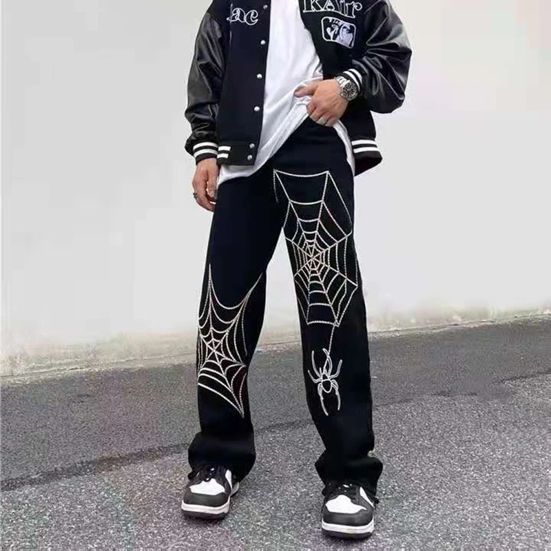 Mens Womens Vibe Style Ripped Oversize Loose Denim Trousers Unisex Streetwear Spider Web Embroidery Straight Casual Jeans Pants