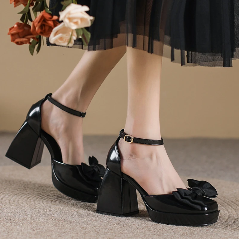 Sweet Bow Chunky Platform High Heels Mary Jane Sandals Women Square Toe Ankle Strap Elegant Heeled Pumps Wedding Shoes Ladies