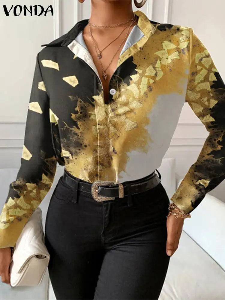 

Офисная Женская Элегантная блузка 2022 VONDA, Женская винтажная блузка с длинным рукавом и отложным воротником с принтом рубашки, Повседневная ...