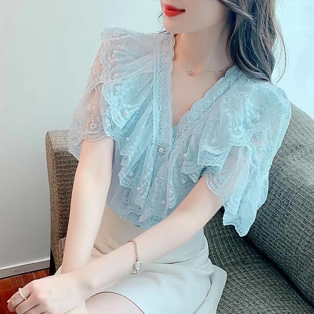

Women's Pink Heavy Pearls Ruffles Shirts 2022 Summer New Sweet Woman Loose Short Flying Sleeves V Neck Lace Blouses Femininas