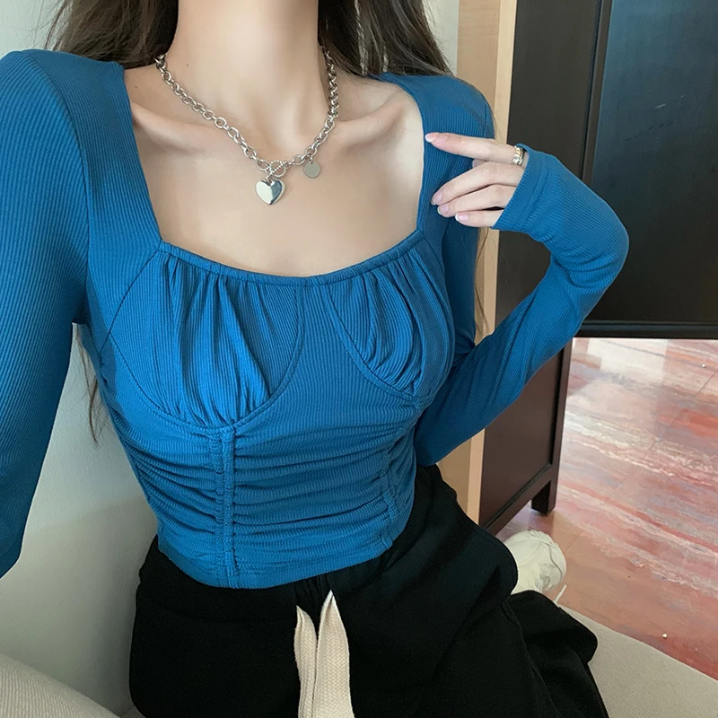 

Casual Square Collar Long Sleeve Casual Women T Shirts 2023 Spring Autumn New Pink Deep Blue Skinny Sexy Solid Basic Crop Tops