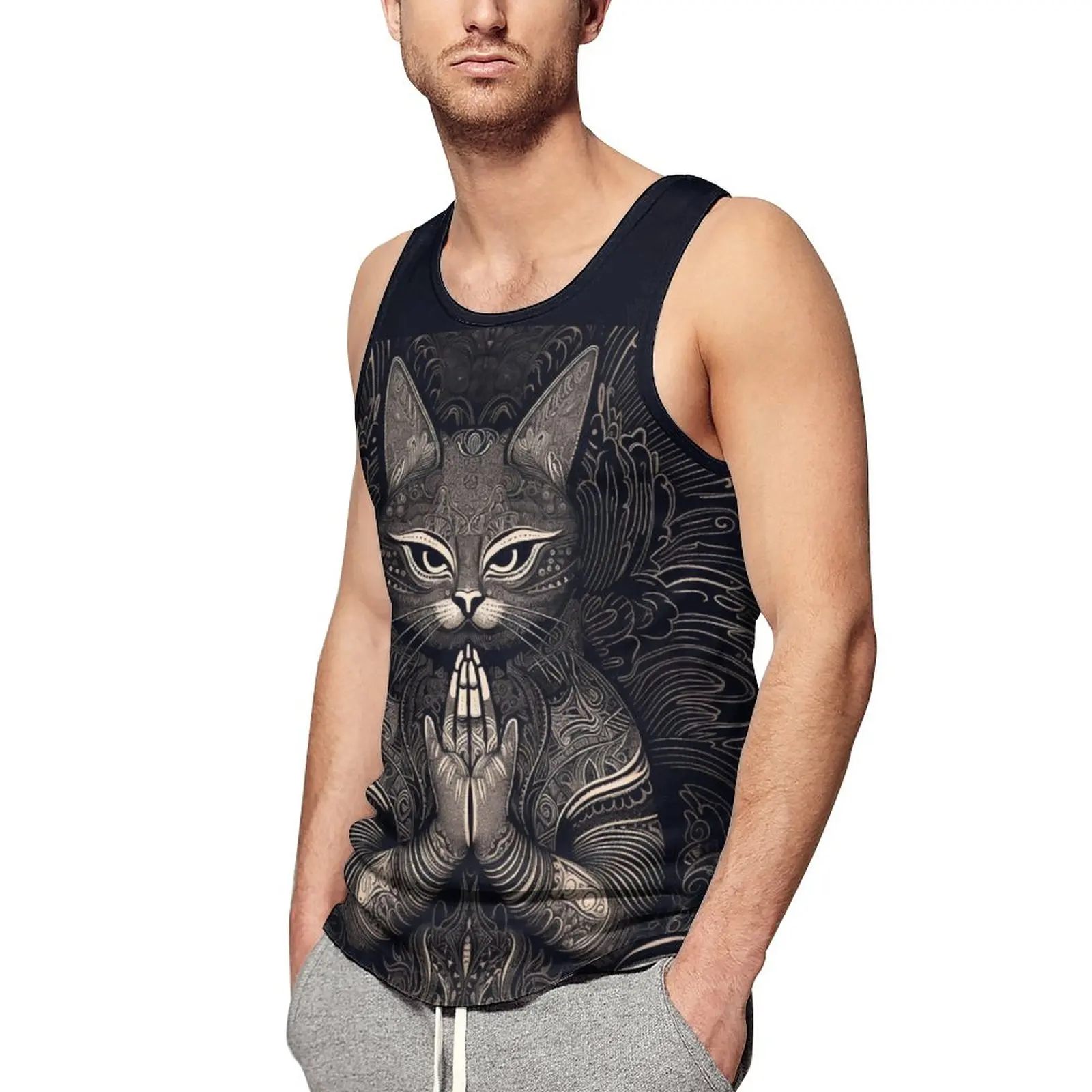 

Cat Tank Top Men Intricate Lines Tops Beach Graphic Workout Sportswear Oversize Sleeveless Vests