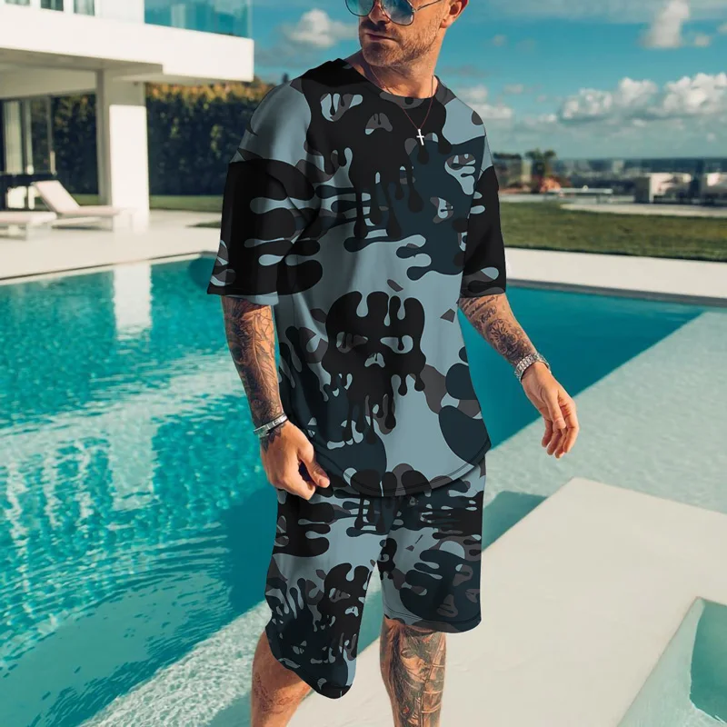 Camouflage T Shirt Summer Man Sets Oversized Outdoor Casual Sports Shorts Suits 3D Print Clothing Mens Tracksuit 2 Piece Outfits