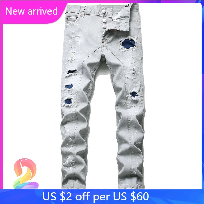 

Dsq2 Gray Ripped Hole Oversize Pants High Quality Hip Hop DSQ2 Men's Denim Jeans Clothing Trousers