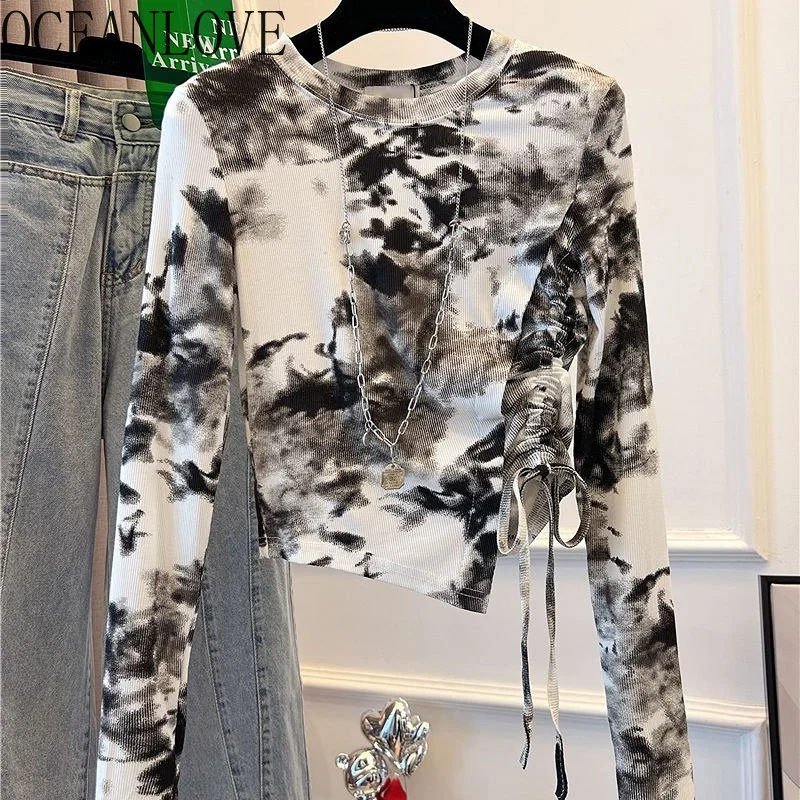 

Футболка женская Асимметричная с принтом, топ в Корейском стиле, с кулиской, с длинным рукавом, в винтажном стиле, Y2k, весна