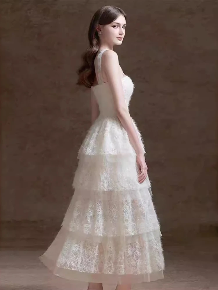 Женское платье без рукавов DEAT элегантное газовое с вышивкой круглым вырезом и