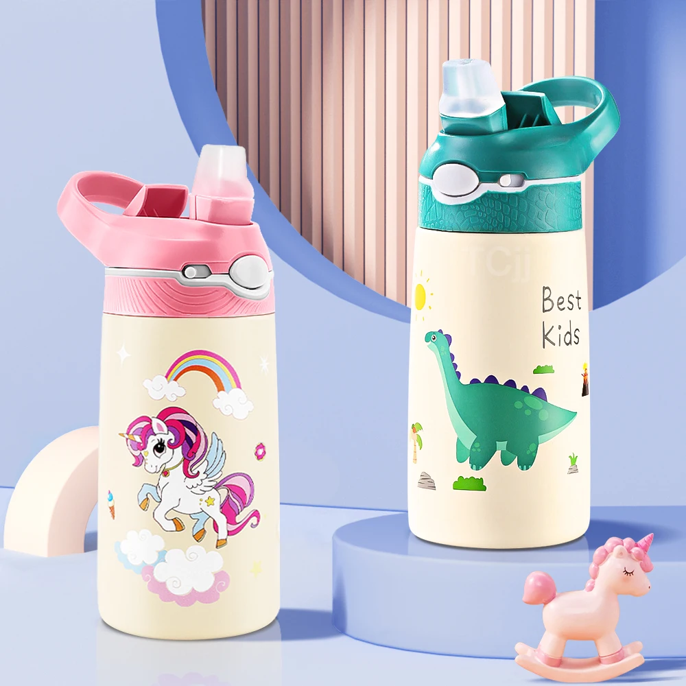 

400ml Stainless Steel Thermal Water Bottle For Children Cute Cartoon Thermos Mug With Straw Leak-Proof Insulated Cup Drinkware