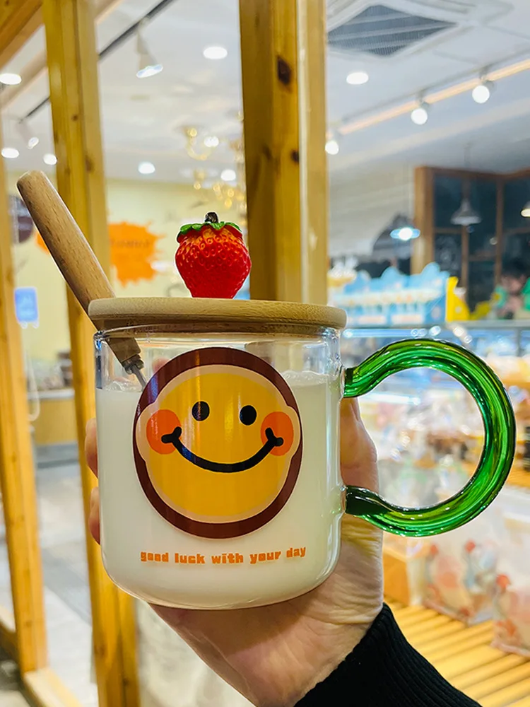 

Cute Smile Glass Mug with Handle Lid,Heat-resistant Glass Mugs Morning Mug Milk Coffee Tea Breakfast Cup for Gifts