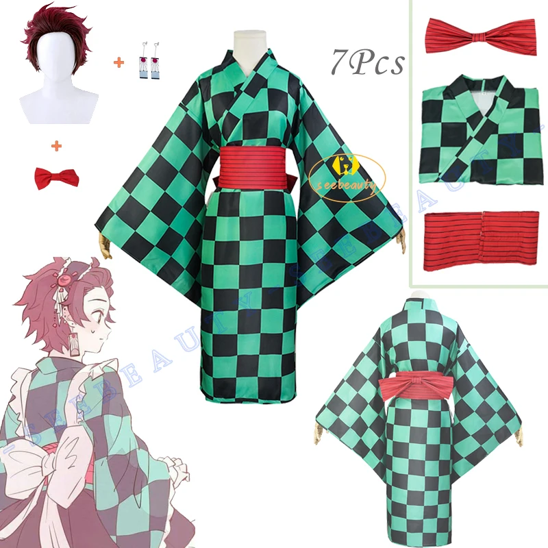 

Demon Slayer Season 2 Kamado Tanjirou Cosplay Green Grid Japanese Kimono Costume Wig Kimetsu No Yaiba Entertainment District Arc
