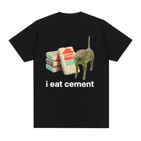 Eu como cimento amaldiçoado gato engraçado camiseta para homens mulheres moda moda casual manga tamis de camisetas de algodão de tamanho grande masculino