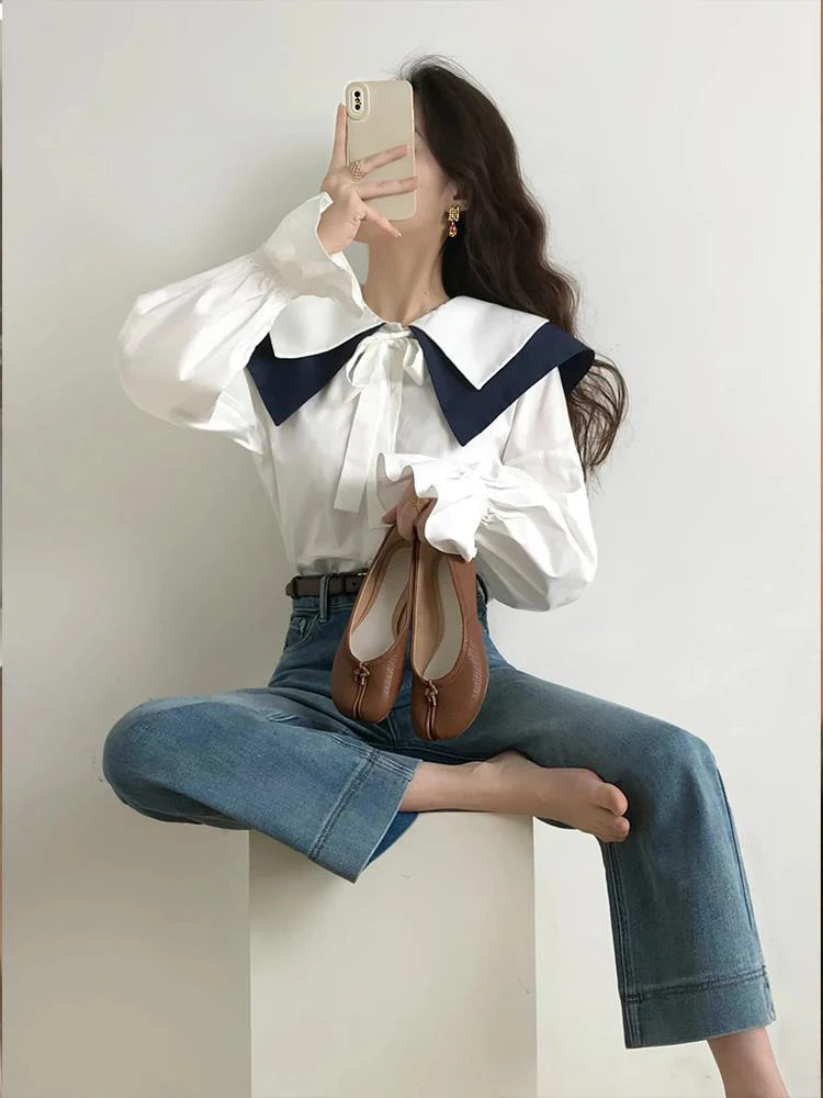 2023 весенняя новая женская белая рубашка с длинным рукавом в японском стиле