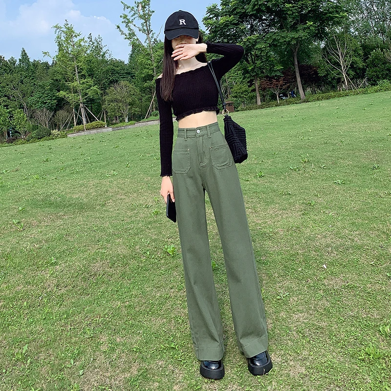 Real time high waisted jeans for women in 2023 high street spring and summer army green loose fitting wide leg pants