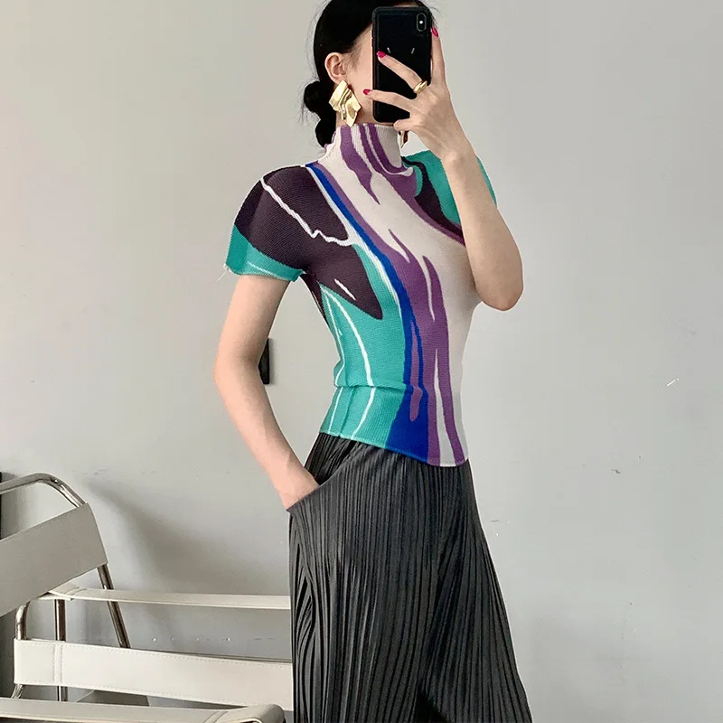

Miyake Pleated Top Summer Women's Design Sense Niche Lady Temperamental Turtleneck Print Slim Fit Stretch Short Sleeve T-shirt