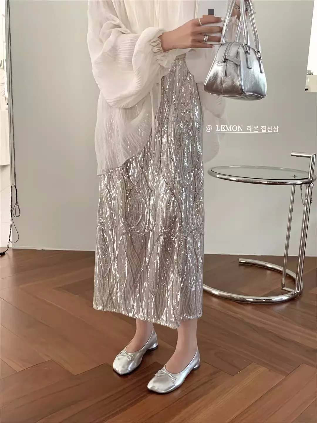 

Корейская блестящая полуюбка с блестками, летняя Роскошная длинная юбка с прямым рукавом