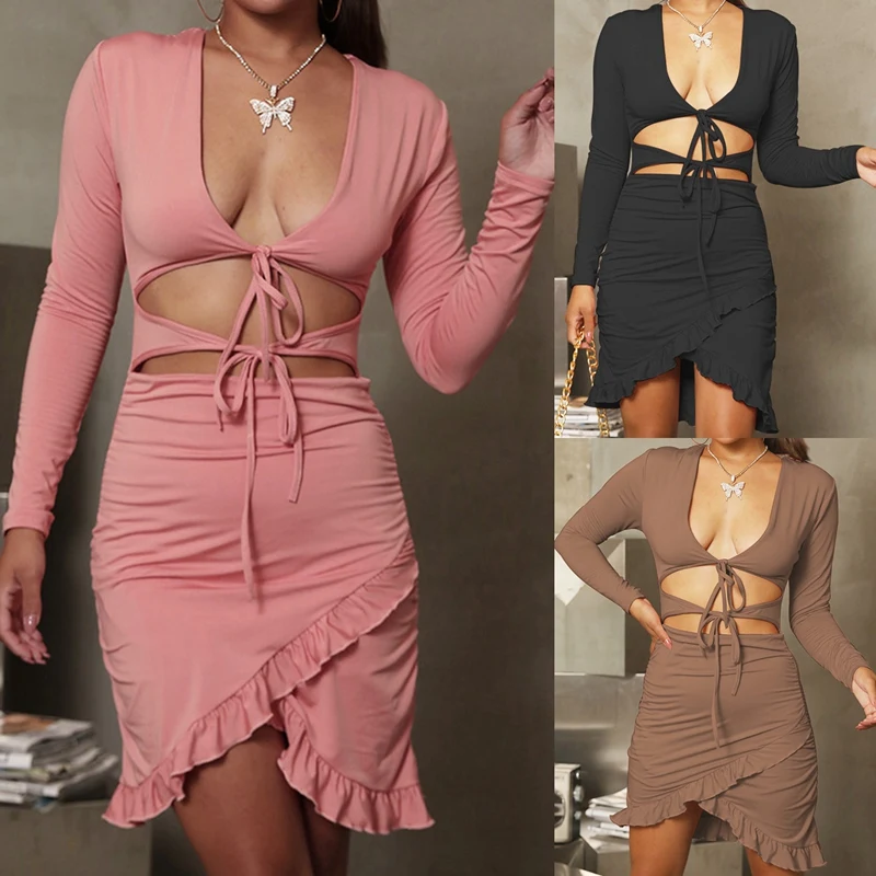 

ASDS-Women's Fashion Sexy Deep V Hollow Ruffle Pack Hip Skirt Long Sleeve Dress