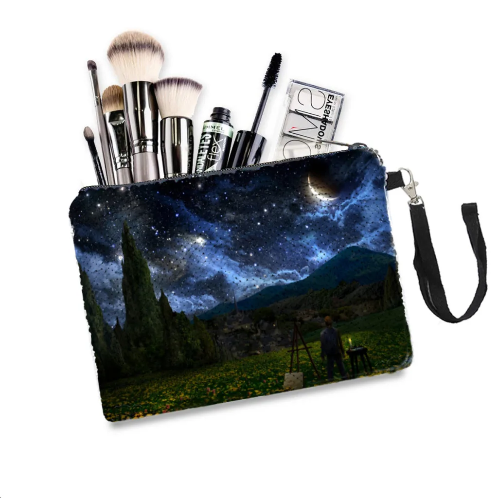 

Starry Night Sequins Makeup Bag Vincent Van Gogh Painter Women Girl Glitter Portable Cosmetic Bag Small Organizer Pouchs