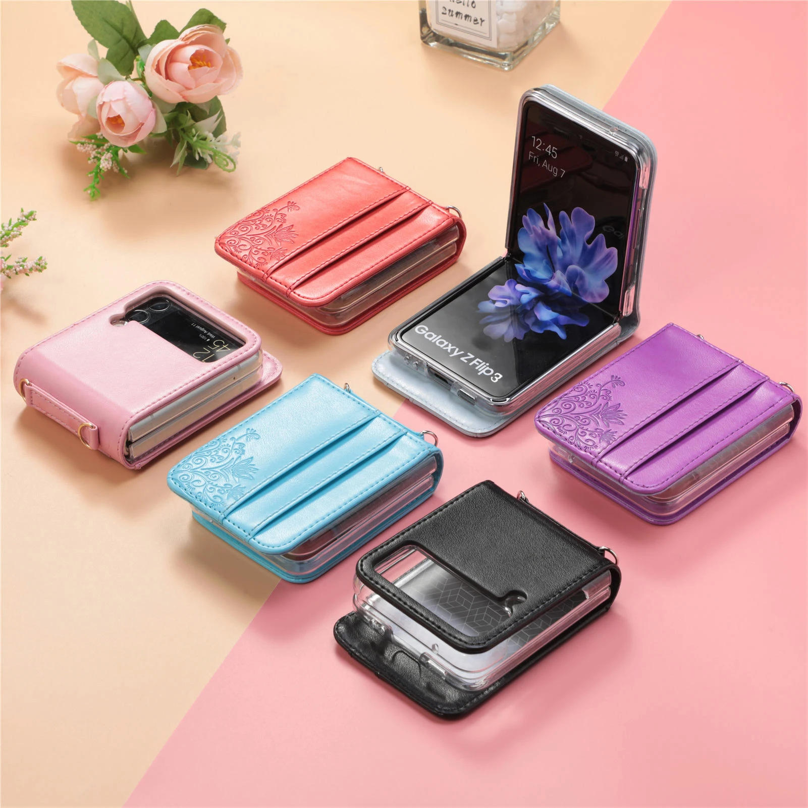 

For Samsung Galaxy Z Flip 4 3 Case Floral Print Multifunctional Card Slot Wallet Holder Leather Lanyard Folding Shockproof Cover
