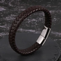luxury pulsera de cuero braided real black brown genuine leather basic wrap bracelet cuff bangle for men