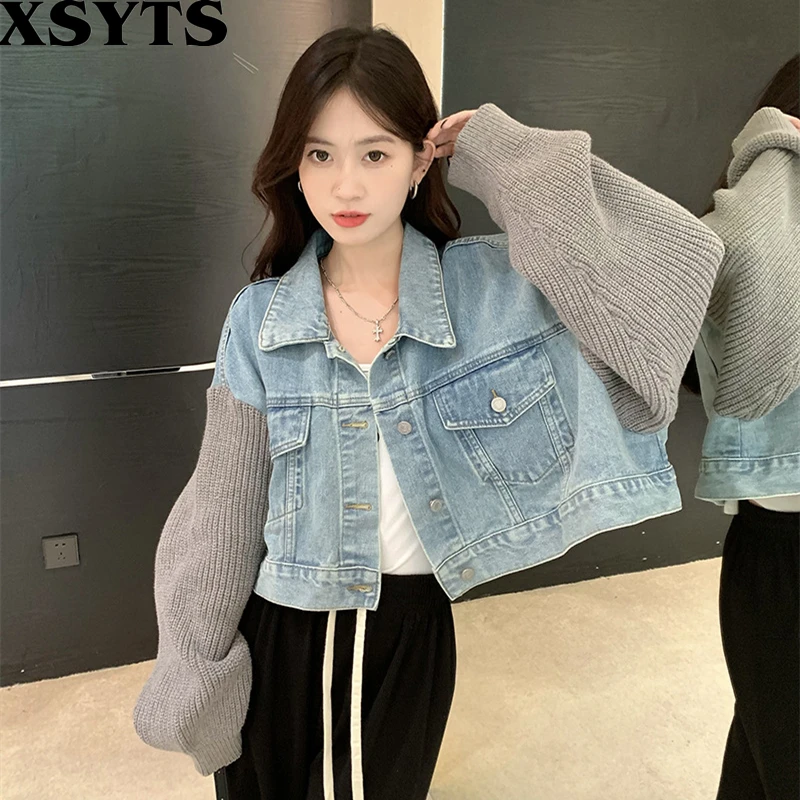 

Женское короткое джинсовое пальто, однобортное трикотажное пальто с длинными рукавами и воротником-поло в Корейском стиле, Осень-зима 2022