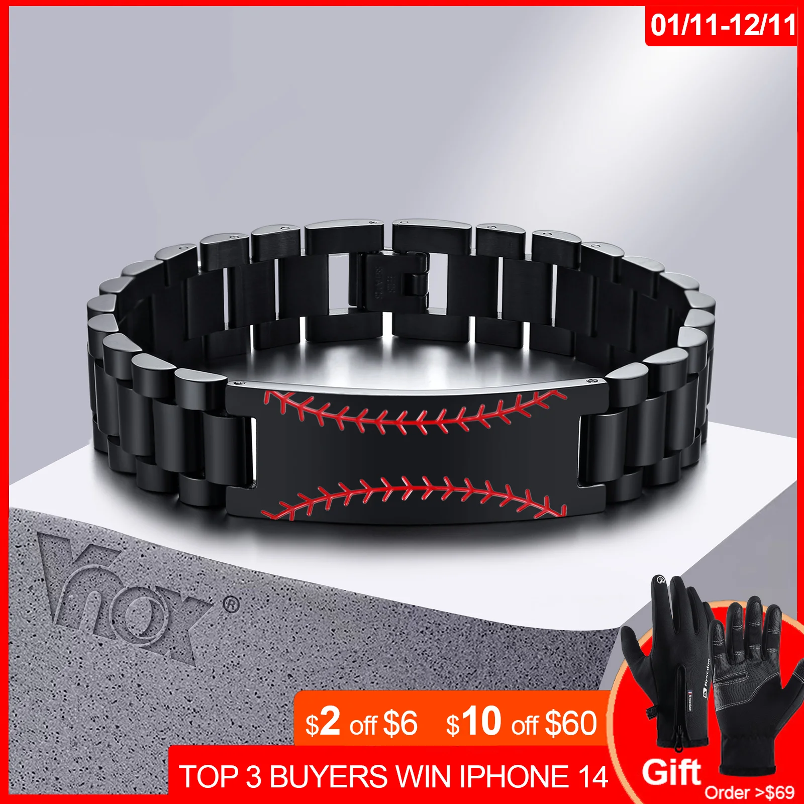 

Vnox 10/15mm Bracelets for Men, Baseball Texture Stainless Steel Bangle with Watch Band Chain, Casual Sports Wristband
