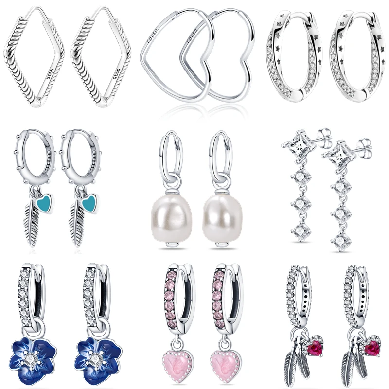 

100% 925 Sterling Silver Hoop Earrings For Women Luxury Sparkling Pave CZ U Shape Feather Heart Flower Fashion Earrings Jewelry