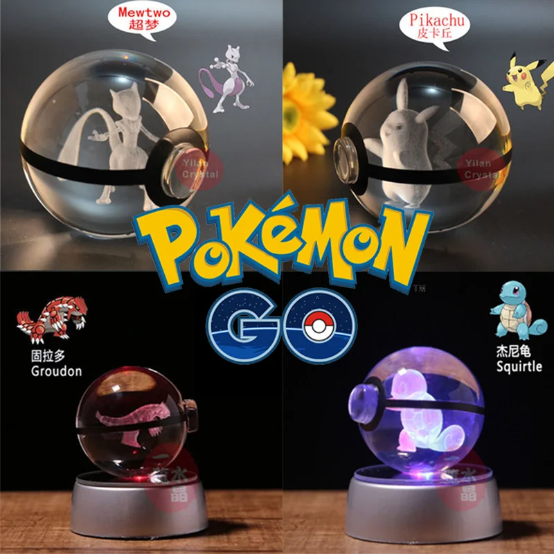 

Pokemon 3d Crystal Ball Pikachu Figure Pokeball Engraving Crystal Charizard Model With Led Light Base Kids Toys Anime Gift