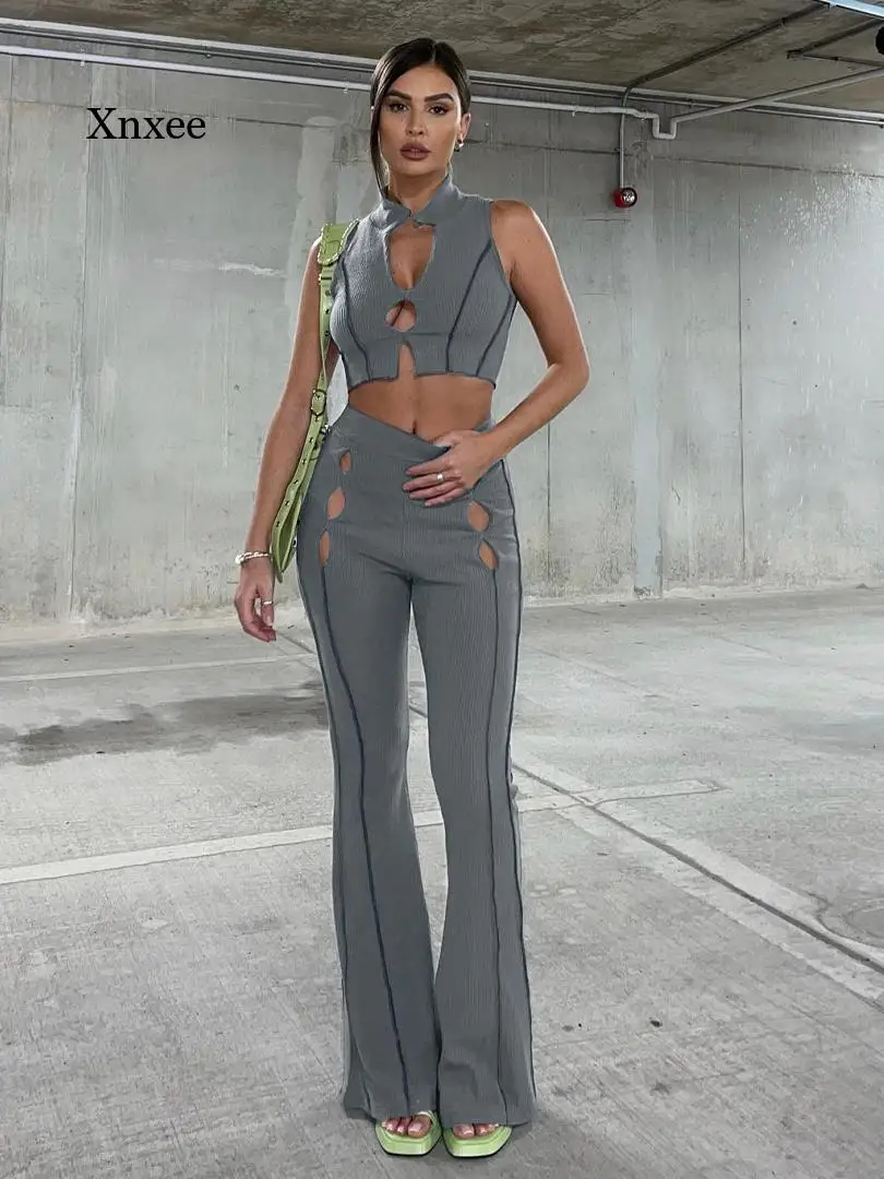 

Sexy Hollow 2 Piece Set Women V-Neck Tank Top+High Waist Flare Pants Solid Matching Suit Stretchy Skinny Streetwear Summer New