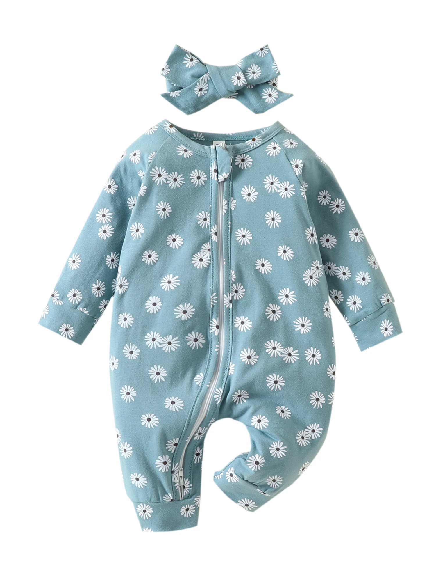 

Newborn Baby Girl Daisy Romper Long Sleeve Zipper Bodysuit Cotton Coverall Fall Winter Outfits