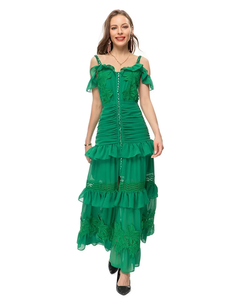 

Summer New American Fashion Elegant Imported Chiffon Pleated Panel Water Soluble Lace Ruffle Edge Long Dress