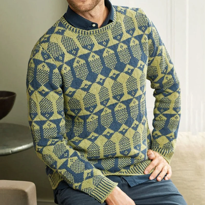 

Retro Printed Pullover Sweater Long Sleeved High Quality Round Neck Autumn and Winter Men