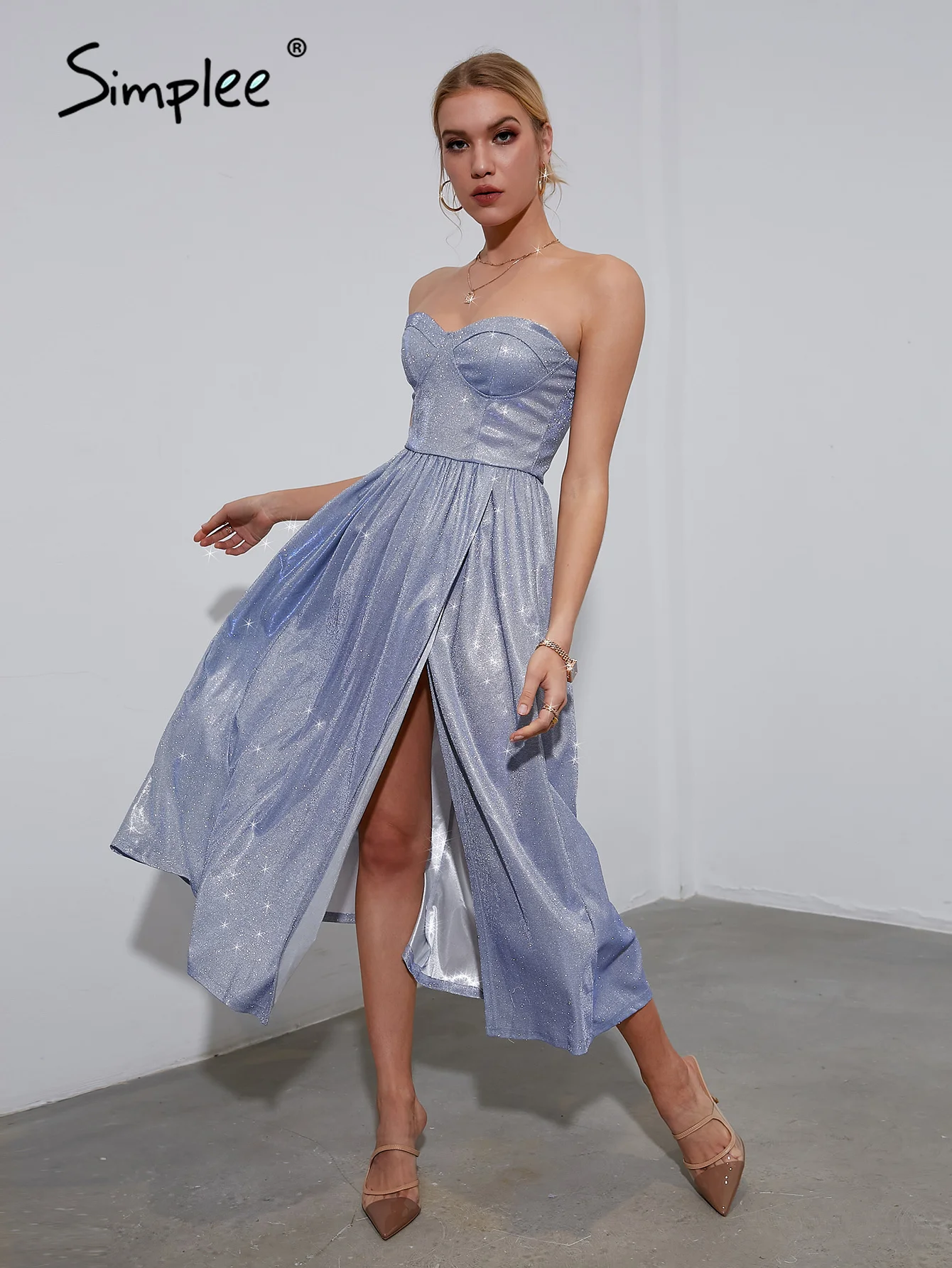 Simplee Strap corset sequin party dress elegant evening long Women pleated split blue vestidos Summer tube frills dresses | Женская