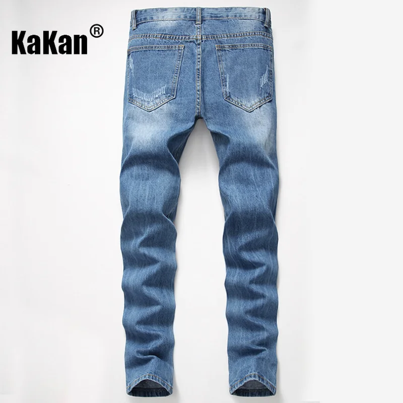 Kakan - New European and American Style Ripped Straight Leg Jeans for Men, Blue Distressed Washed Casual Jeans K36-339