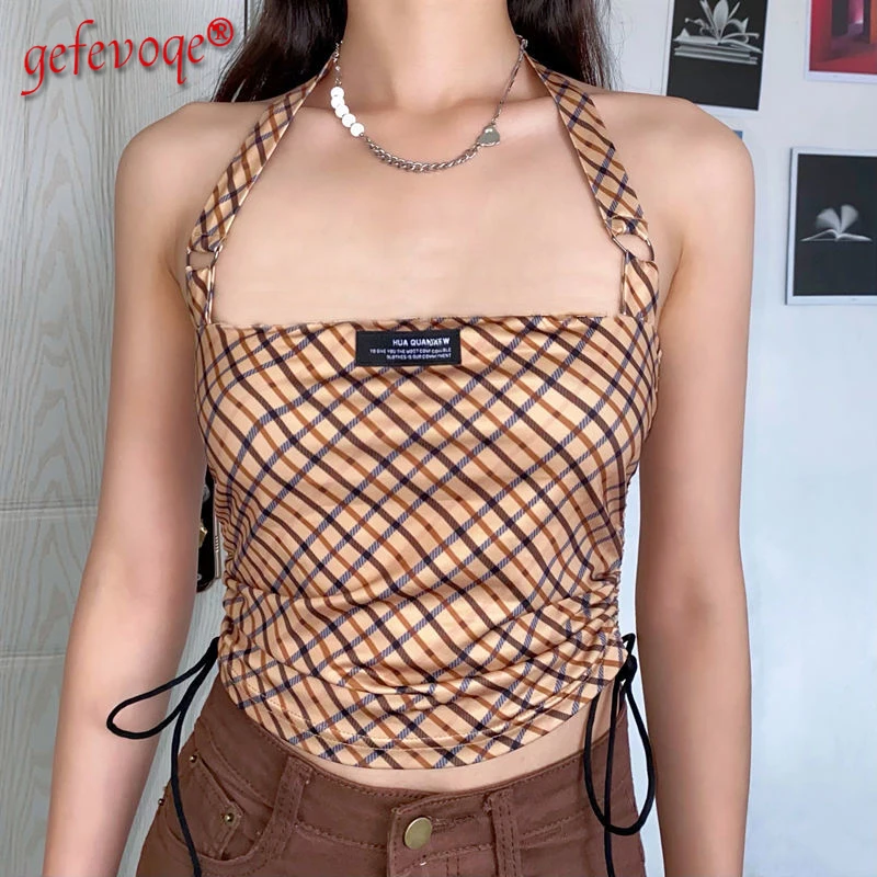 

Retro Plaid Print Halter Neck Pleated Female Sexy Backless Party Clubwear Drawstring Vest Women New Summer Harajuku Y2k Crop Top