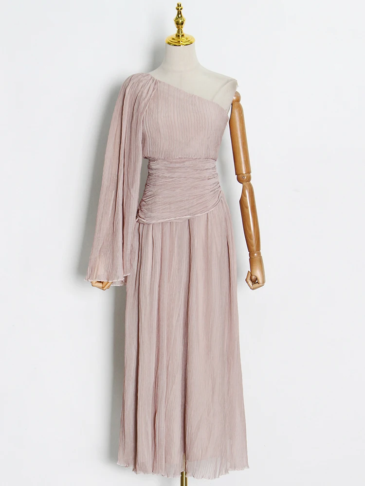 

Beige Striped Women Asymmetrical Dress One Sleeves High Waist Long Draped Dresses Spring New Clothes