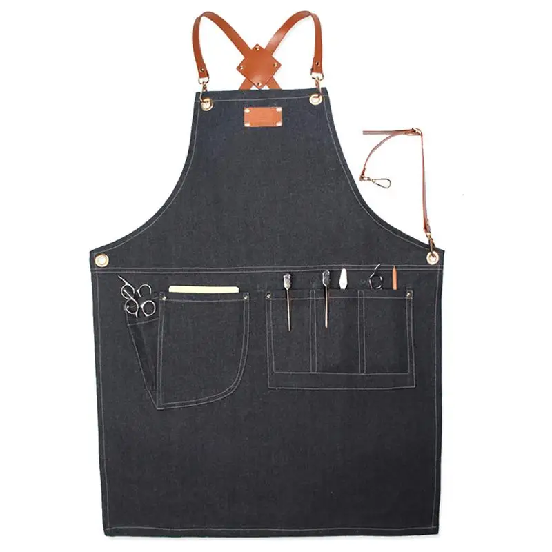 

Thick Denim Apron With Pocket Jeans For Women Men Hairstylist Barista Coffee Shop In Working Beautiful Salon