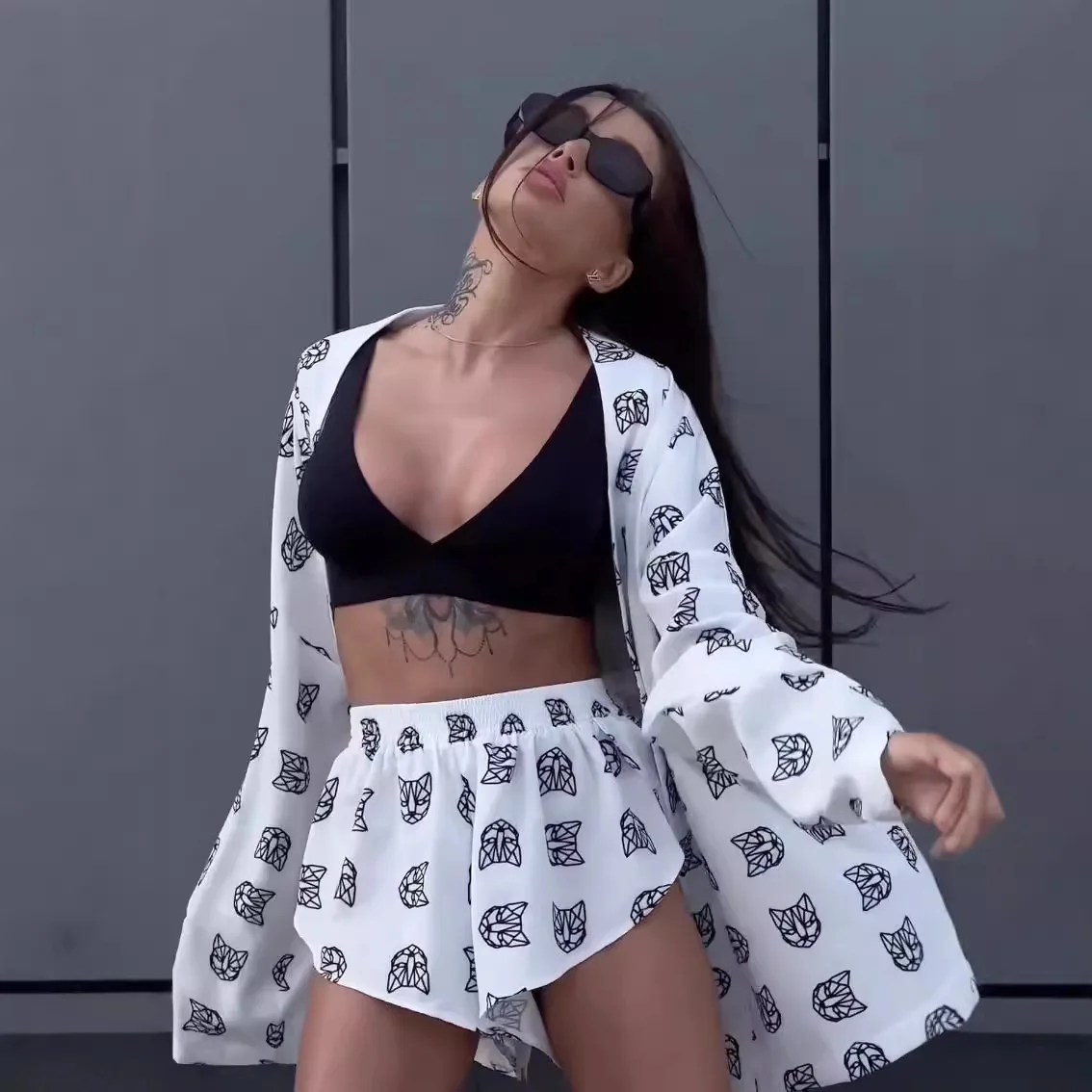 Новые свободные женские повседневные пижамы с длинными рукавами и принтом на