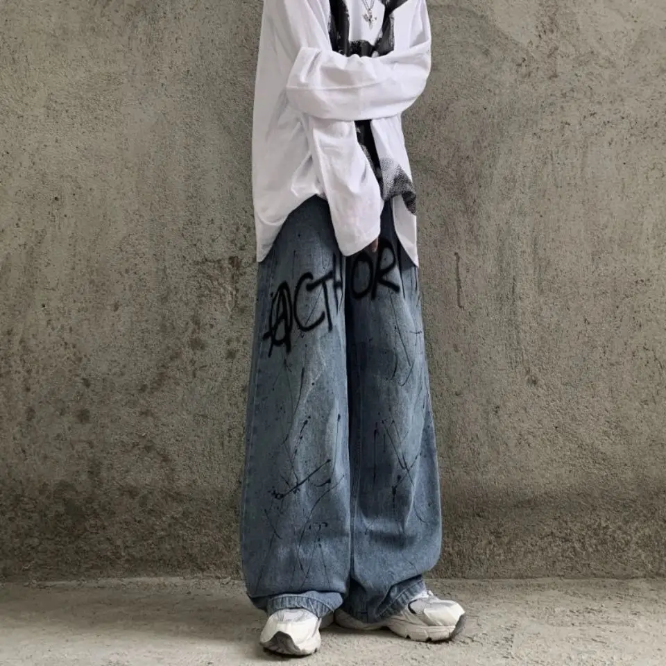 European and American High Street Ink Graffiti Print Retro Street Dark Straight Pants Loose Jeans Men Trend Baggy Jeans Casual