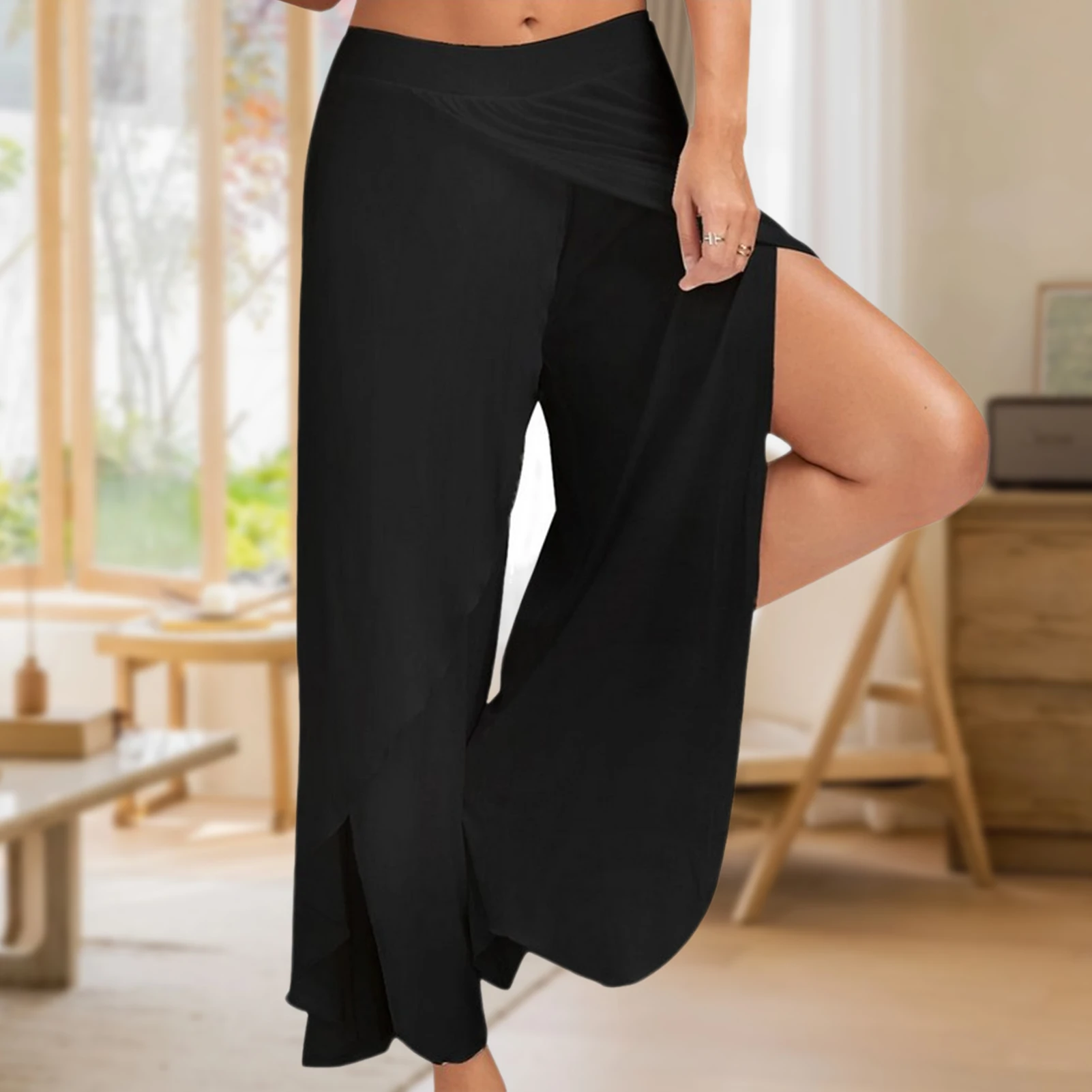 

Cotton Summer Pants Solid Color Women Basic Casual Pants Elastic Waisted Loose Fit Asymmetrical Side Slit Daily Outfit