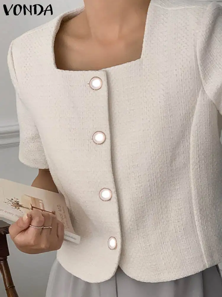 

Женские Элегантные Топы 2023 VONDA повседневные рубашки с квадратным вырезом и коротким рукавом на пуговицах Женские винтажные однотонные Топы большого размера