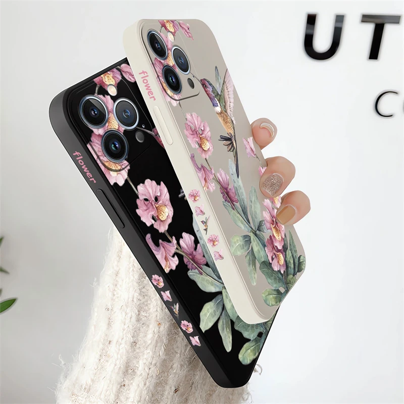 Чехол для телефона с рисованными цветами и птицами iPhone 13 15 14 11 12 Pro Max Mini X XS XR 7 8 Plus SE