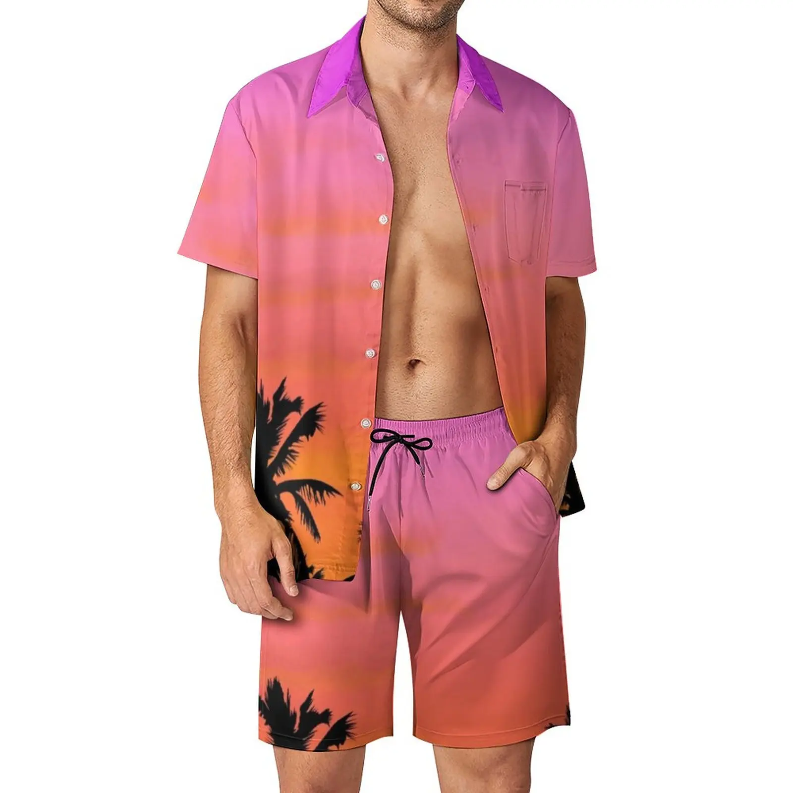 

Island Sunset Beachwear Men Sets Palm Trees Print Casual Shirt Set Summer Shorts 2 Piece Streetwear Suit Plus Size 3XL