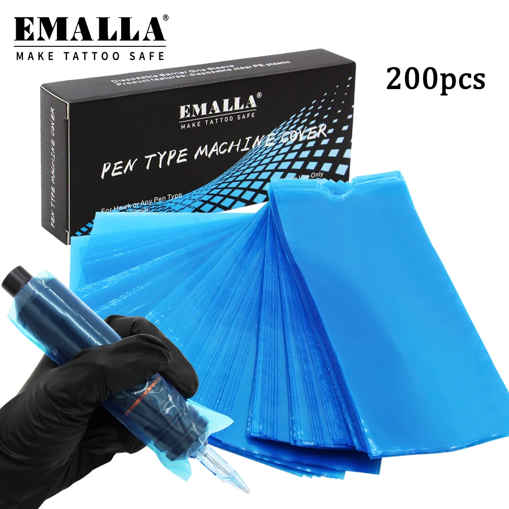

EMALLA 200pcs/Lot Blue Tattoo Clip Plastic Cord Sleeves Bags Supply Disposable Covers Bags for Tattoo Machine Tattoo Accessory