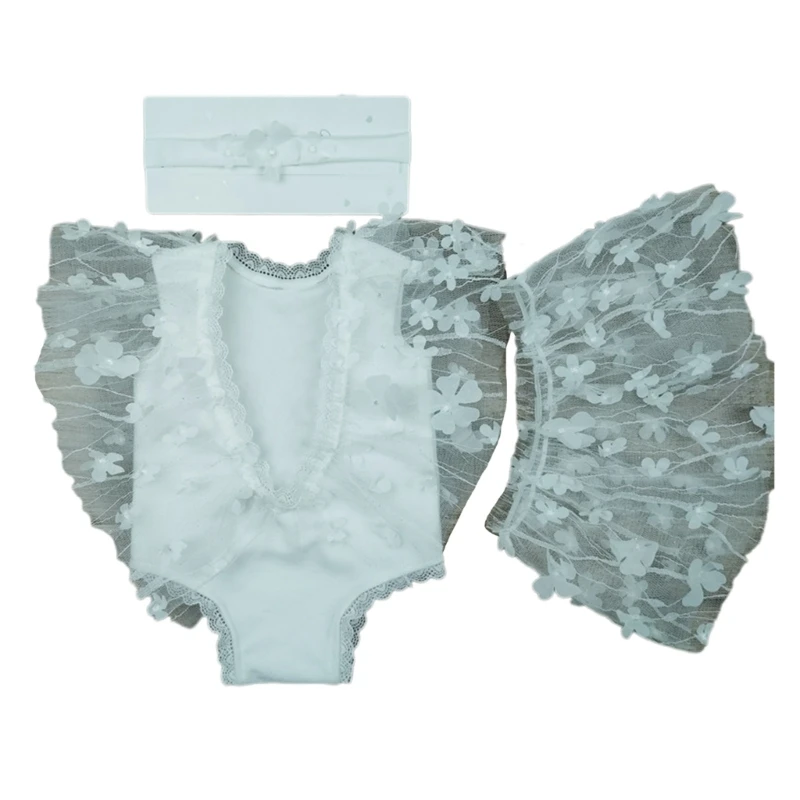 

0-1M Newborn Photo Props Headband & Tulle Tutu Lace Dress Baby Photo Set Infant Headdress Romper Suit for Girls