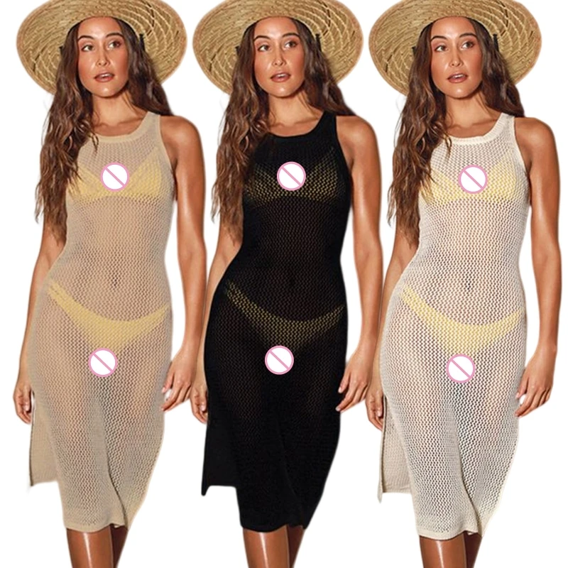 

H58D Women Sexy O-Neck Sleeveless Swimwear Knitted Beach Bikini Swimsuit Cover Up