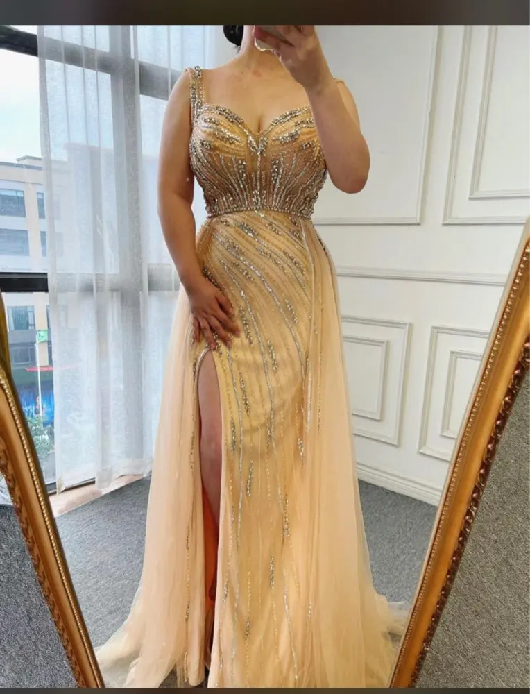 

Verngo Shiny Sequin Lace Mermaid Evening Dresses Straps Beads Slit Diamond Sash Sparkly Prom Dress Dubai Women Formal Gown