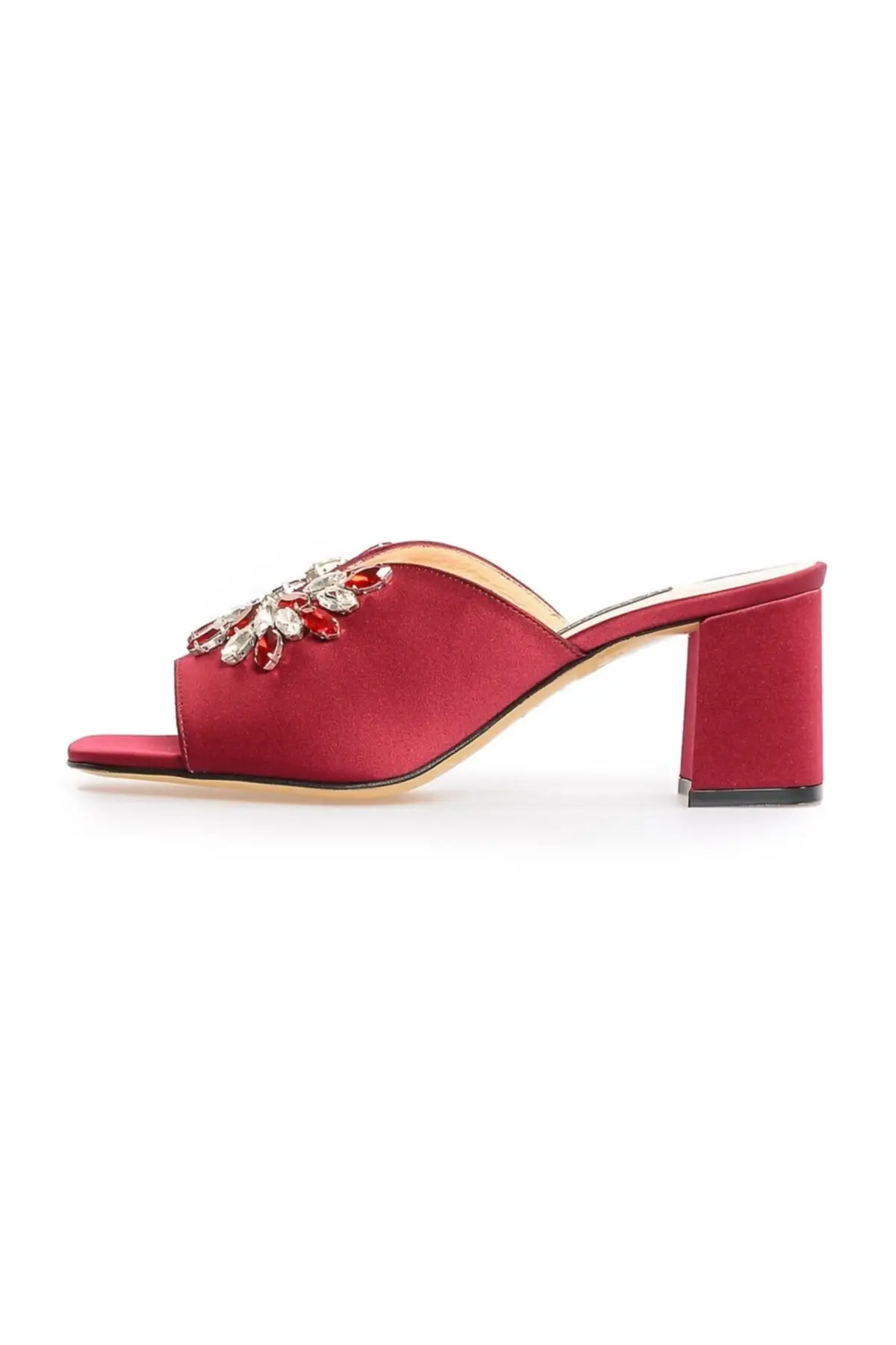 

Burgundy satin stone thick heels slippers