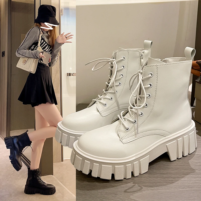 

2023 New Women White Ankle Boots PU Leather Thick Sole Lace Up Combat Booties Female Autumn Winter Platform Shoes Woman