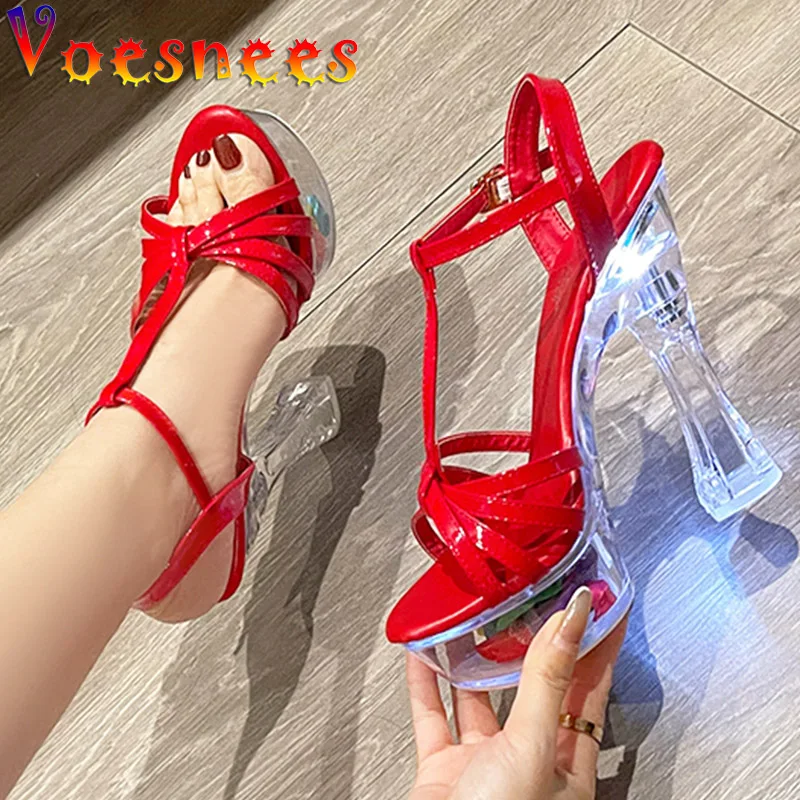 

Summer Transparent High Heels 14CM Party Shoes Nightclub LED Luminous Fashion Sandals Light Up Glowing Petal Platform Woman Shoe