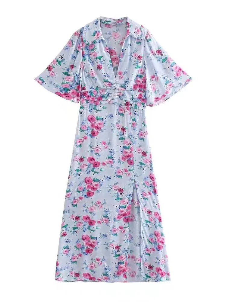 

Женское летнее платье с цветочным принтом и коротким рукавом