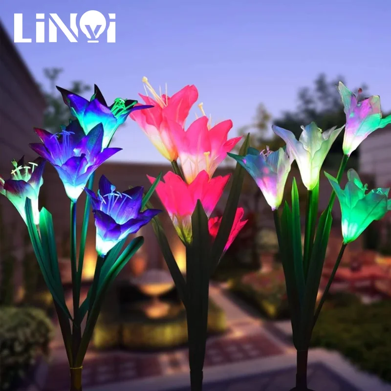 

Светодиодная лампа-Лилия на солнечной батарее, водонепроницаемый декоративный светильник для сада, цветов RGB, степень защиты IP55, питание от солнечной батареи, для двора, лужайки, дорожки, свадьбы, 4 светодиода